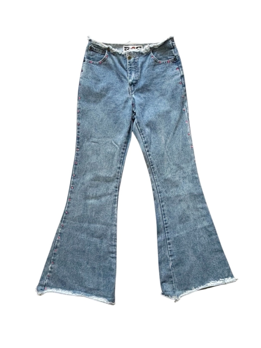 Vintage Y2K Low Rise Flare Bell Bottom Jeans Rhinestone Fray 26”